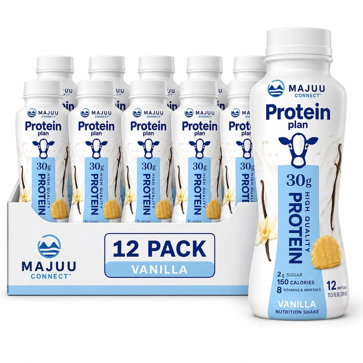 High Protein (Vanilla) Nutrition Shake - 30g Protein Per Botle |12 Pack (11.5 Fl Oz) Only 2g Sugar &150 Calories| Enriched With 8 Naturally Occouring Vitamins &Minerals | Ready-to-Drink Meal Replacement BY MAJUU CONNECT