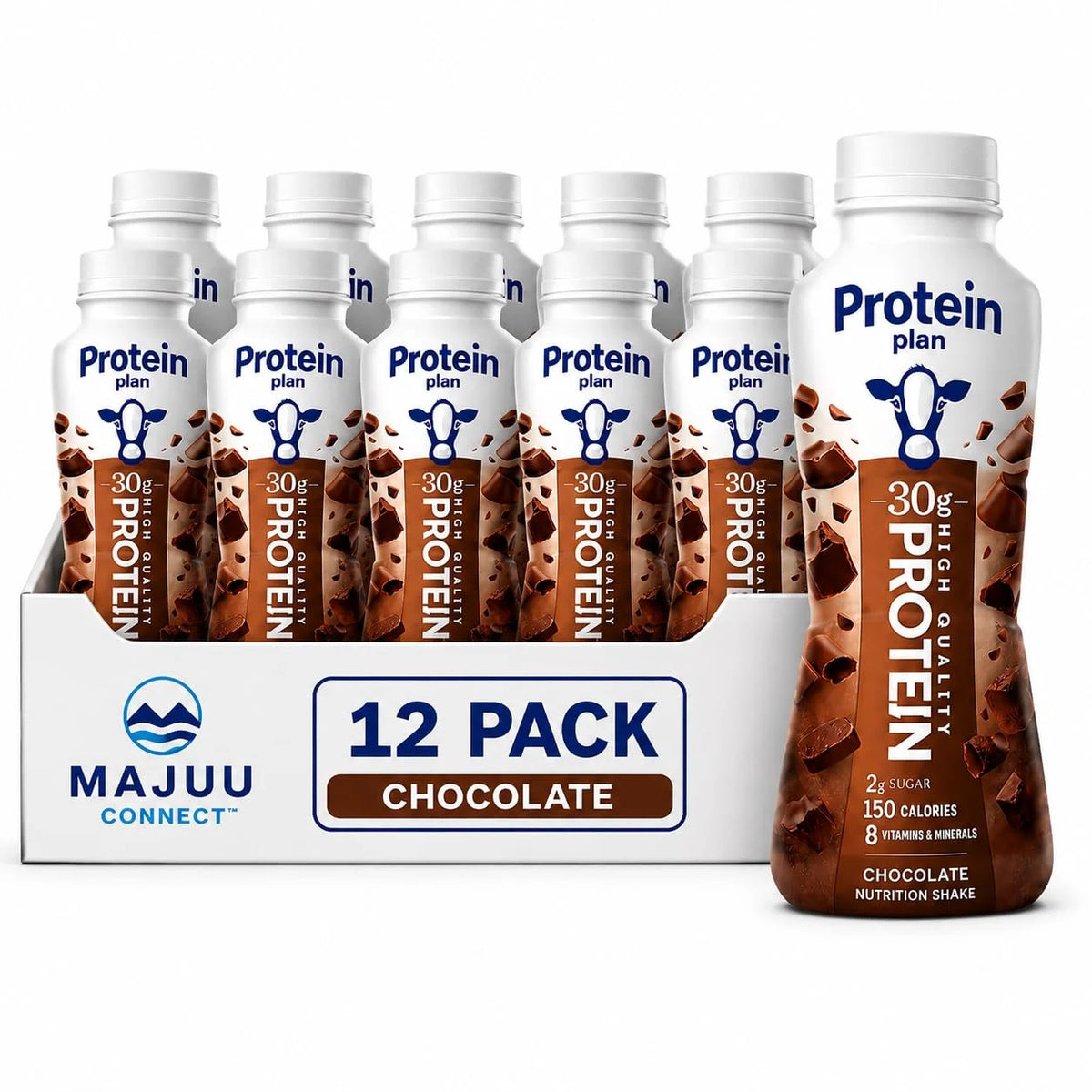 High Protein Chocolate Nutrition Shake - 30g Protein Per Botle |12 Pack (11.5 Fl Oz) Only 2g Sugar &150 Calories| Enriched With 8 Naturally Occouring Vitamins &Minerals | Ready-to-Drink Meal Replacement BY MAJUU CONNECT
